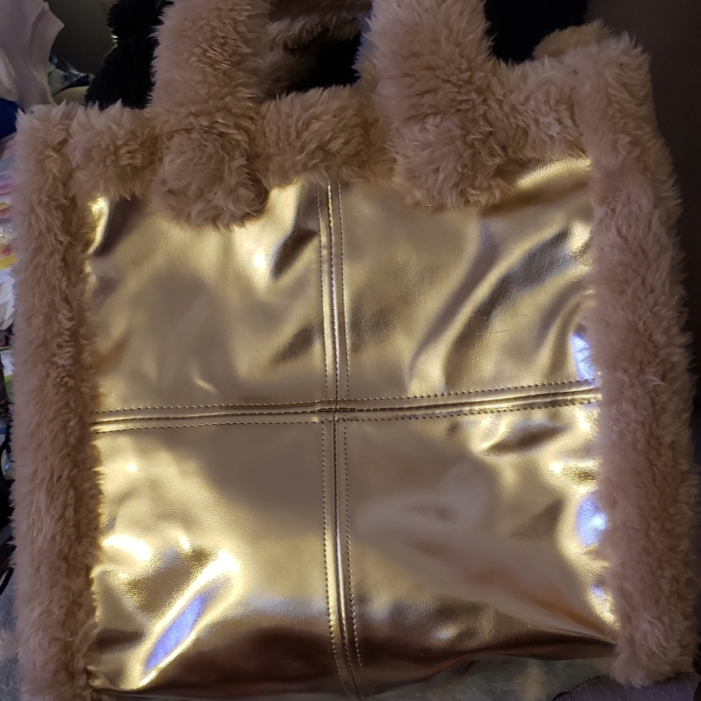 Gold Metallic Faux Leather & Fur Tote Bag